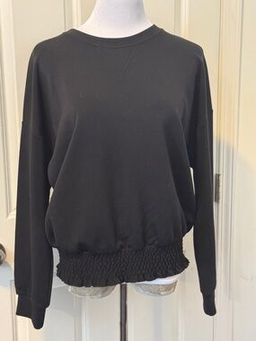 Cynthia Rowley Black Smocked-Hem Pullover Sweatshirt